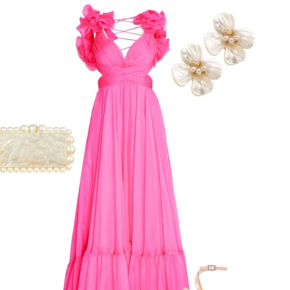 MAC DUGGAL 67911 ROSETTE CHIFFON CUTOUT WAIST HOT PINK GOWN sz 4 - Picture 7 of 8